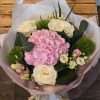 Pink Whisper hand tied bouquet with Hydrangeas and roses